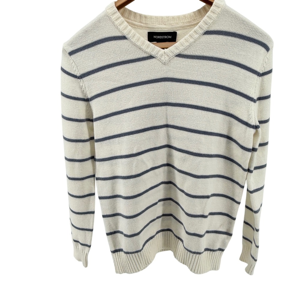 Nordstrom Women's L Striped V Neck Knit Sweater Long Sleeve Casual Pullover